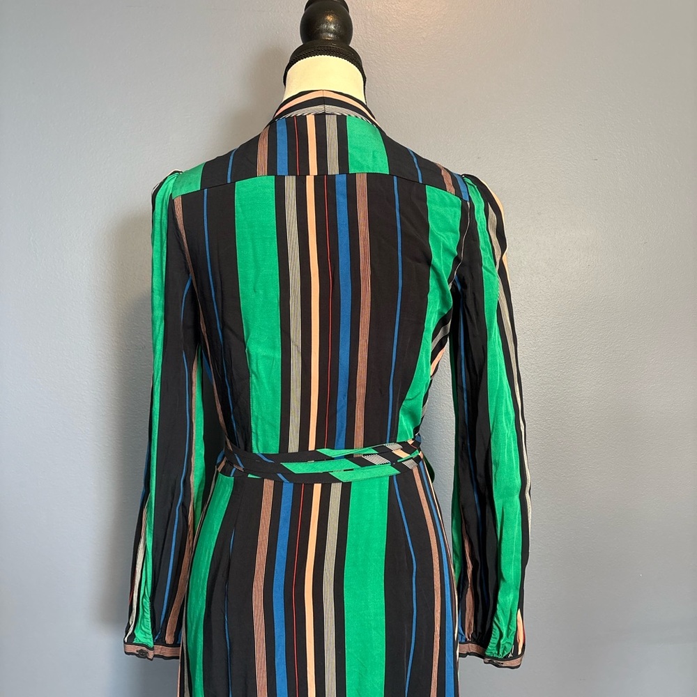 Navy Pinstriped Wrap Midi Dress w/ Belt | Deep V | Long Sleeve | XS - Picture 6 of 10
